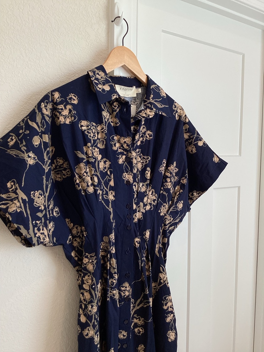 Exquise Tobie Short-Sleeve Midi Shirt Dress NEW Navy Blue Floral Anthropologie - Picture 5 of 15
